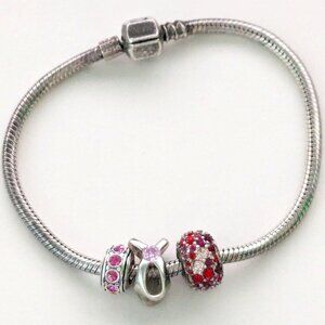 CHAM 925 Sterling Silver 3 Charm Breast Cancer Awareness Snake Bracelet